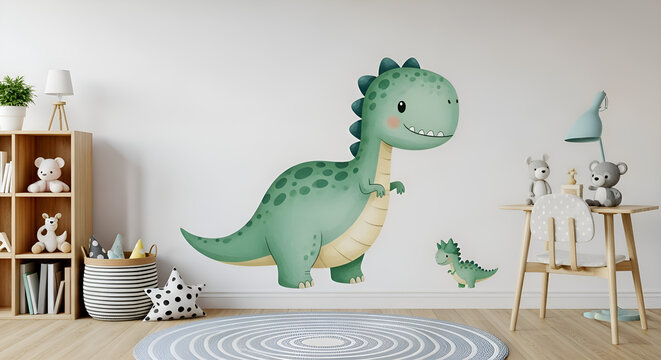 Cute dinosaur wall sticker set on a clean white children's room wall