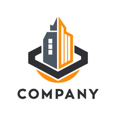 Modern architectural logo design featuring building silhouette and hexagon