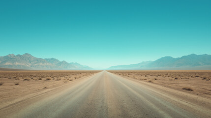 Desert road leading to distant mountains under a clear blue sky