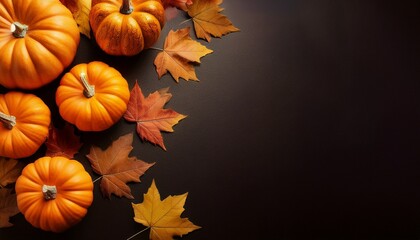 pumpkins and fall leaves on black background