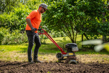 Farmer plows the land with a cultivator, preparing it for planting vegetables, on a sunny day garden. Man with garden tiller. Soil preparing.
