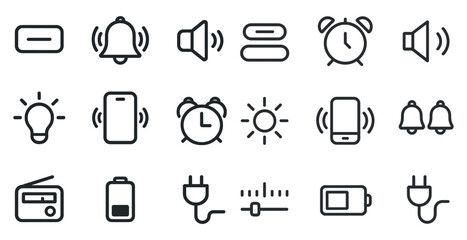 Communication and audio outline icons set – linear, sound, notification symbols