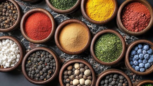 Vibrant assortment of colorful spices and herbs in wooden bowls for culinary inspiration