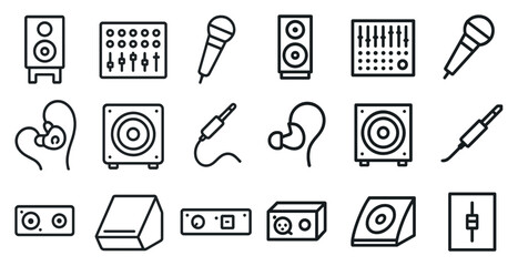 Audio equipment outline icons set – sound, music, headphones and amplifier symbols