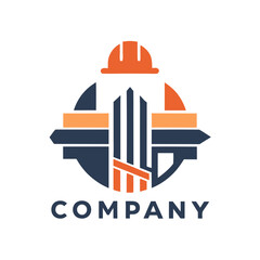 Obraz premium Construction company logo with hard hat and building elements