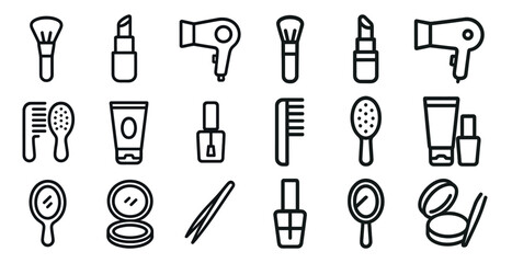 Beauty and makeup outline icons set – linear, cosmetics, grooming symbols