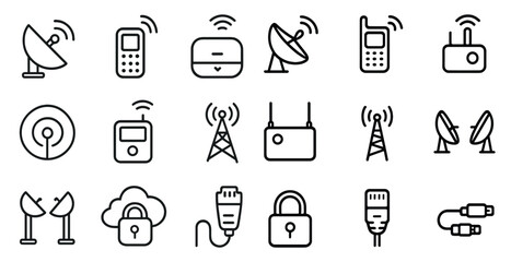 Wireless communication icons set &ndash; outline, linear, connection and signal symbols