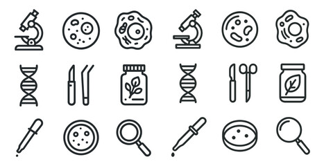 Biology and microscopy outline icons set – scientific, lab, research symbols