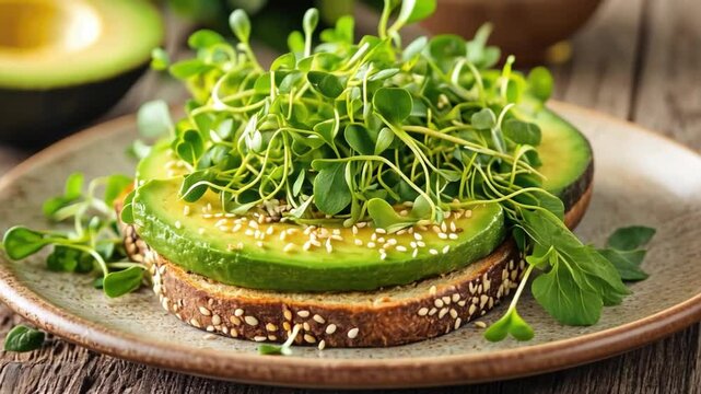 Fresh microgreens and avocado on multigrain bread in rustic kitchen setting