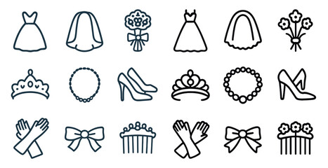 Wedding and bridal outline icons set – line, marriage, ceremony symbols