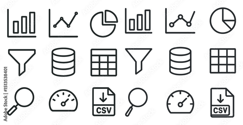 Poster data analysis and metrics icons set – outline, flat, analytics and chart symbols