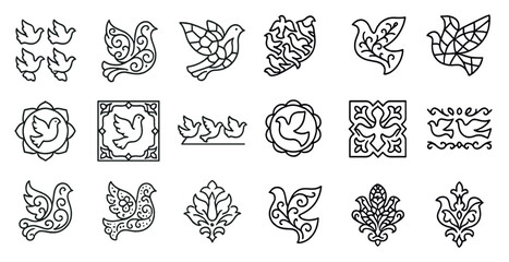 Bird and floral outline icons set &ndash; line, silhouette, decorative and ornamental motifs