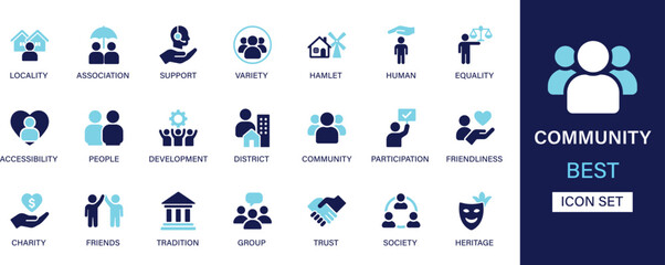 Community icon set collection. Locality, association, support, variety, hamlet, human, equality, people, development, friends, society and best solid icon set.