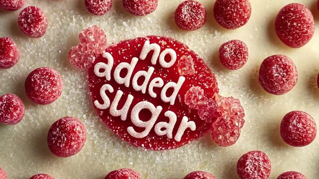 Rotating frozen raspberry dessert with no added sugar label closeup