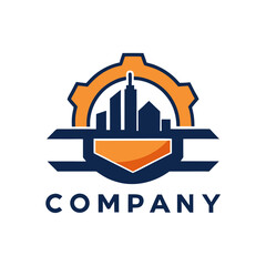 City skyline with mechanical gear and wrench construction logo