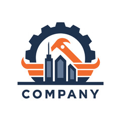 Obraz premium Construction and engineering company logo with gear and skyline