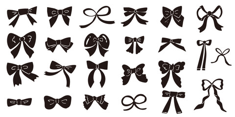かわいい手書きのリボンのイラストセット　ベクター黒