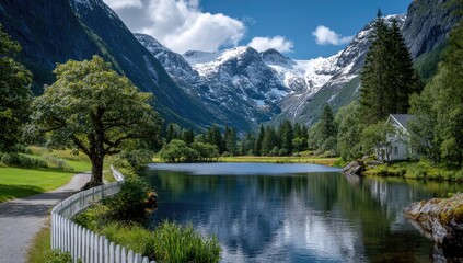 A road leads to the majestic, snow-capped mountains of Norway, flanked by lush, green meadows and white picket fences.