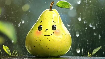 Animated pear in rain: cute character smiling through raindrops in a lush garden setting - Powered by Adobe