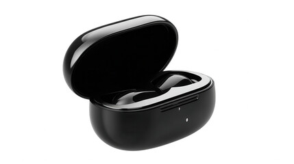 Black wireless earbuds in charging case isolated on transparent background, PNG