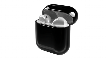 Wireless earbuds in charging case isolated on transparent background, PNG