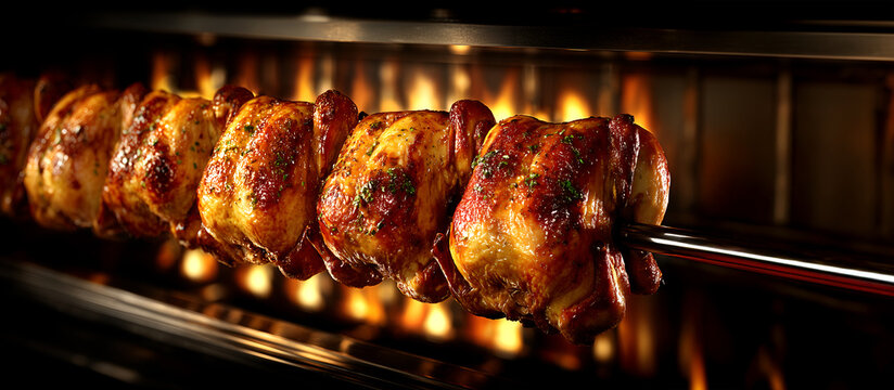 Creative food concept. Row of golden-brown roasted grilled crispy turkey chicken on rotating rotisserie spits with burning flame fire restaurant background. copy text space. long banner wallpaper