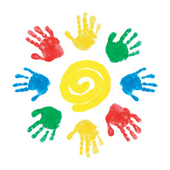 Circle of children's handprints. Vector illustration of chilren's palms on white backgound. International Children's Day. Bright colorful sun painted with paint. Sun with rays. World Sun Day
