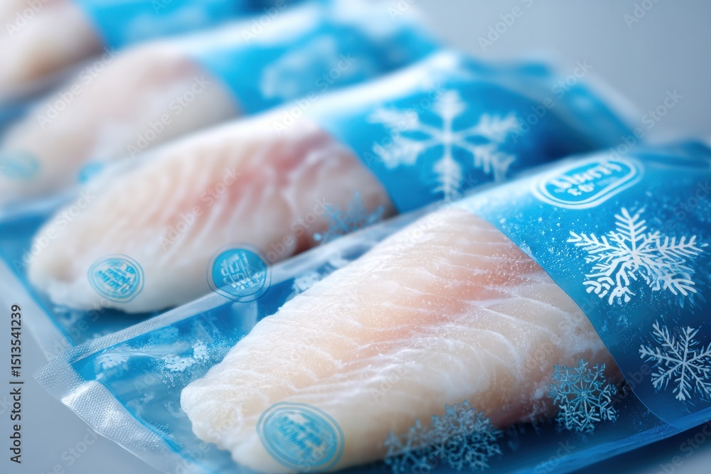 Poster Fresh Frozen Fish Fillets Neatly Packaged With Snowflake Icons for Optimal Freshness and Clear Labeling