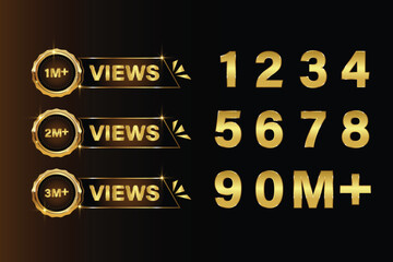 Set of 1 to 9 Million Views Gold Badges.1M Views,2M Views and 3M Views Celebration Logo Youtube Thumbnail Vector Design
