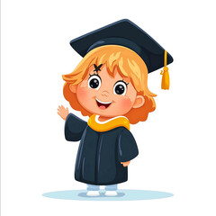 cute cheering cartoon kawaii design of a happy graduate kindergarten girl with blonde hair lineart vector design white background super cute style soft line