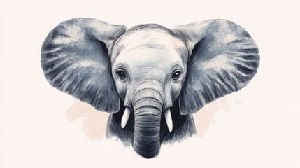 Fototapeta premium A detailed black and white sketch of an elephant's head with large ears and expressive eyes on a plain background.
