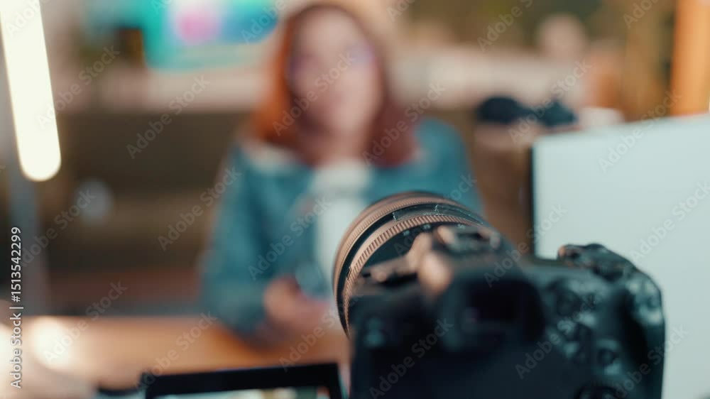 Poster Woman, designer and video camera screen with online tutorial for content creation or streaming tips. Female person, videographer or influencer with live recording or technology for digital course