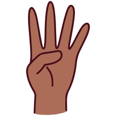 Mandarin hand sign for number four using dark-skinned hand, with four fingers extended. Part of Chinese finger counting system used in communication and education