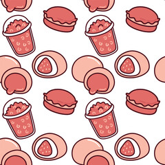 Seamless pattern with peach flavored macarons, fruit drinks and peach halves in red and pink shades