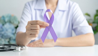 Doctor holding a purple ribbon, symbolizing support and awareness for various causes, including domestic violence, Alzheimer's, epilepsy, and lupus.