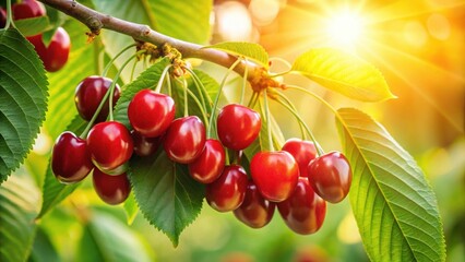 Obraz premium A cluster of ripe red cherries hanging from a branch, bathed in the warm glow of sunlight, showcasing vibrant colors and lush green foliage