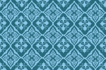 Fototapeta premium This fabric design features a central floral diamond motif on a rich green background, accented with symmetric white and navy floral elements.