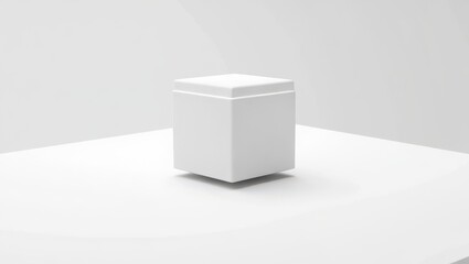 White cube isolated on white background in a minimalist composition