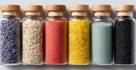 Sesame, flax seeds, and chickpeas in glass jars, isolated on a white background with a clipping path.