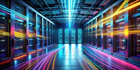 Illuminated Data Center Corridor with Vibrant Light Trails Representing High-Speed Network Connectivity