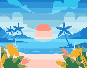 summer background beatiful sunset Hello Summer Vector Lettering – Colorful Fun Design - Summer Vacation Travel Vector – Suitcase, Camera, and Plane Ticket - Summer Pool Party Vector – Floating Toys