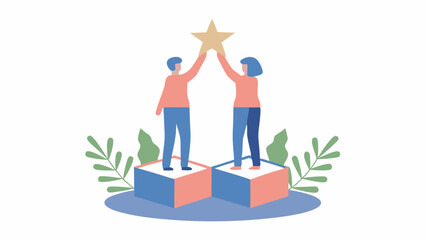 Two individuals reaching for success symbolizing teamwork and shared goals on a vibrant platform in