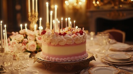 An elegant pastel birthday cake on a grand banquet table