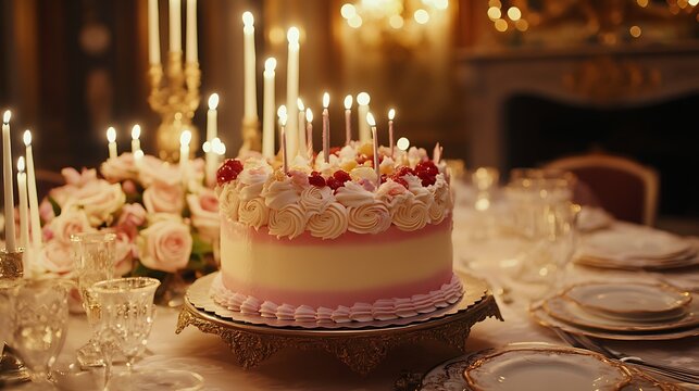 An elegant pastel birthday cake on a grand banquet table