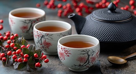 Three white cups of milk tea with red patterns on the surface, placed next to each other in an open black tray and surrounded by small flowers and branches of hawthorn berries,