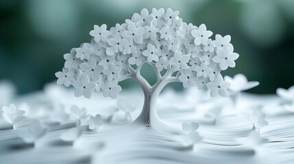 A delicate paper tree with blossom-like flowers stands on a textured white surface, surrounded by small paper shapes, creating an artistic and serene scene.