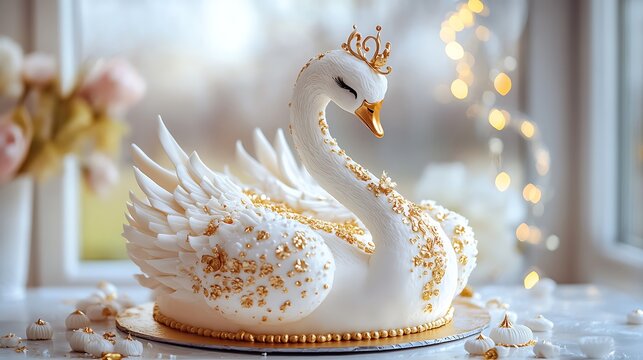An elegant swan shaped birthday cake with golden accents