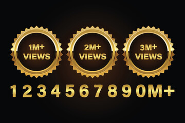 Set of 1 to 9 Million Views Gold Badges.1M Views,2M Views and 3M Views Celebration Logo Youtube Thumbnail Vector Design.Thank you congratulation 