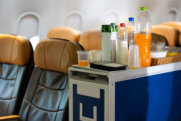 food trolley : food trolley in airplane cabin. Provision cabinetss
