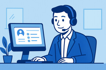 clean flat vector illustration of an IT support agent wearing a headset at a desk, assisting clients via computer in a modern office environment